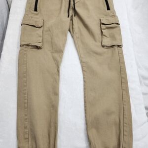 Free Planet Mens Size L Khaki Drawstring Cargo Joggers Pant w/ Zip Pockets Comfy